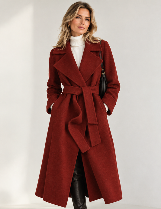Lange wikkeljas voor dames in wollook met strikceintuur