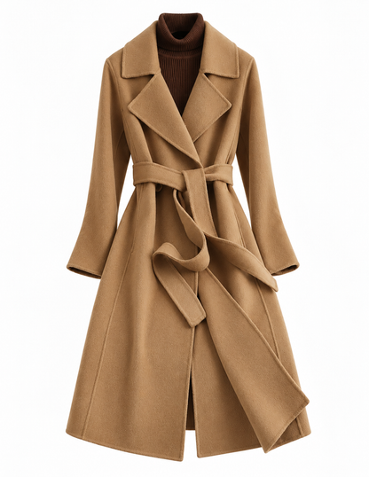 Lange wikkeljas voor dames in wollook met strikceintuur - camel