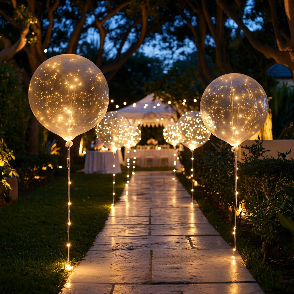 LED ballonnen met lichtsnoer in warm wit licht langs een tuinpad - beeld 2