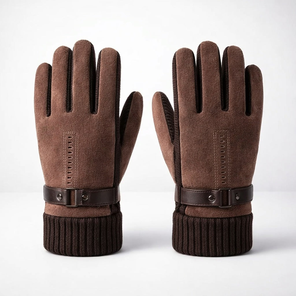 Leren herenhandschoenen met touchscreen-toppen en gebreide boord - bruin