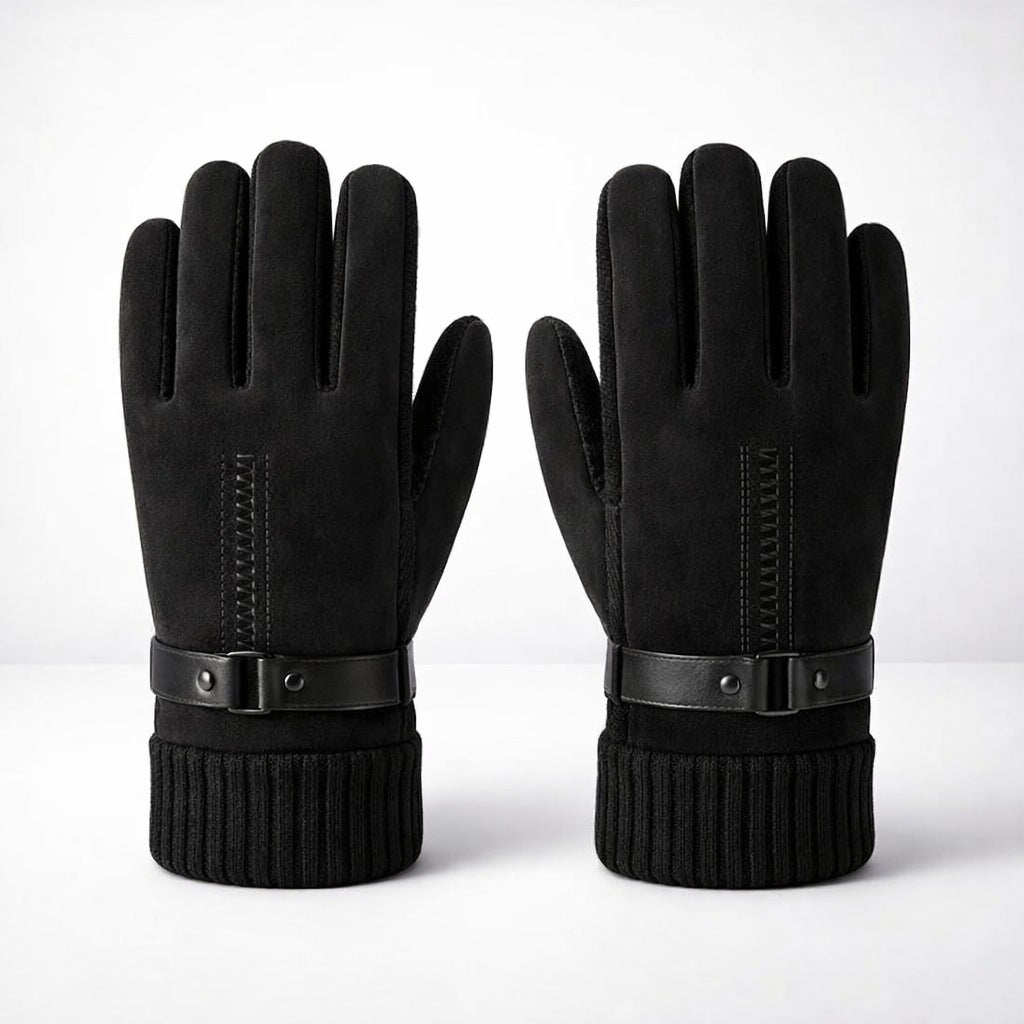 Leren herenhandschoenen met touchscreen-toppen en gebreide boord - zwart