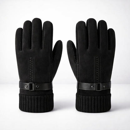Leren herenhandschoenen met touchscreen-toppen en gebreide boord - zwart