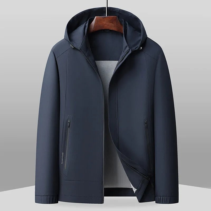 Licht herenjack met afneembare capuchon, ritszakken en gestreepte voering - marineblauw