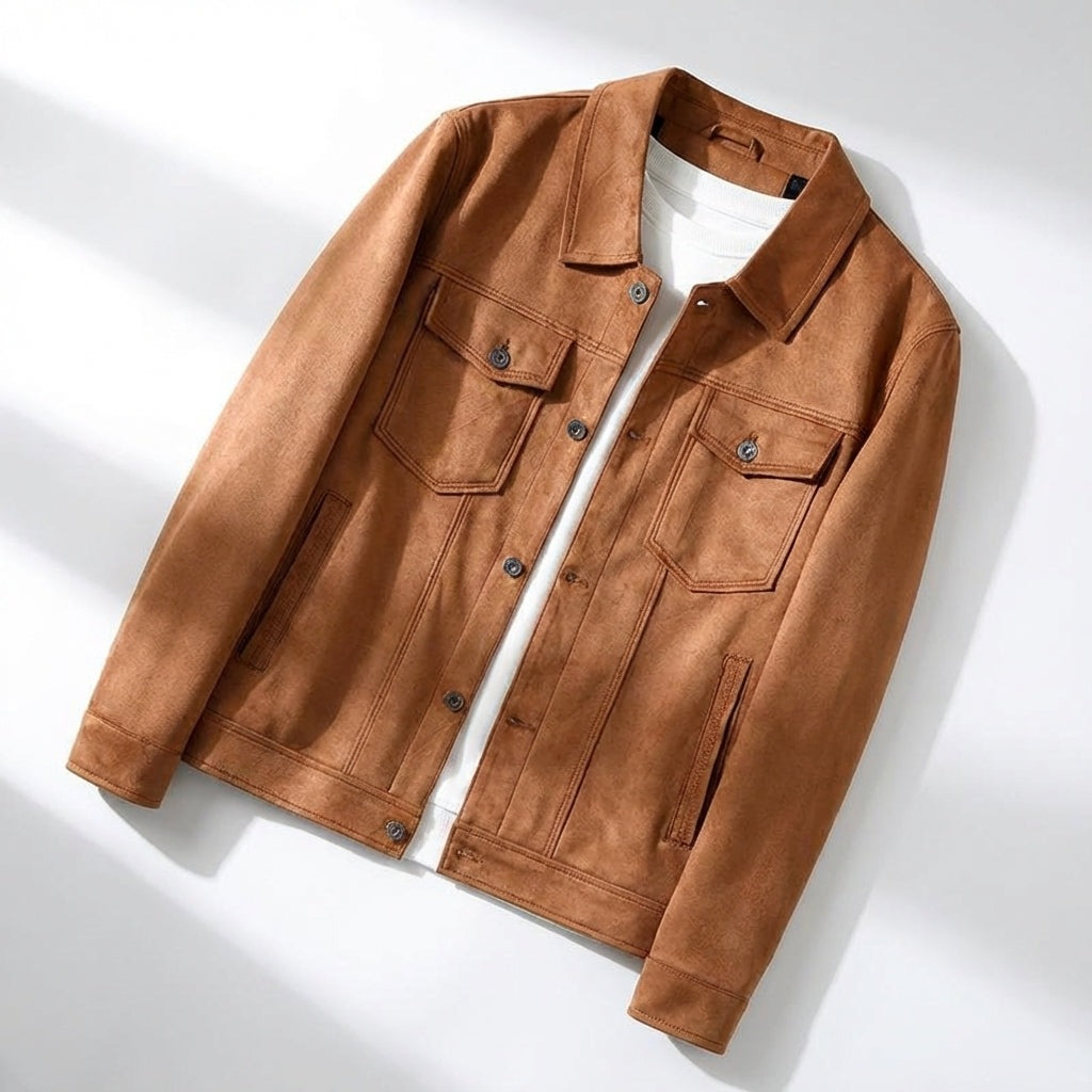 Licht herenjack in suède look met puntkraag en borstzakken met klep - cognac