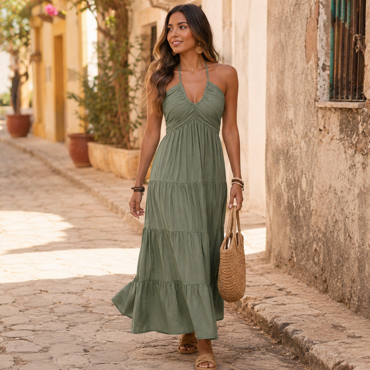 Halter maxi-jurk dames met stroken - detailfoto