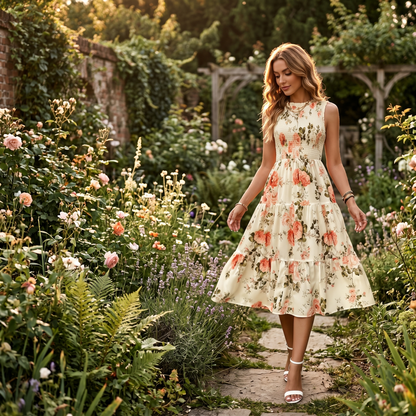 Gesmokte midi-jurk dames met bloemenprint - detailfoto
