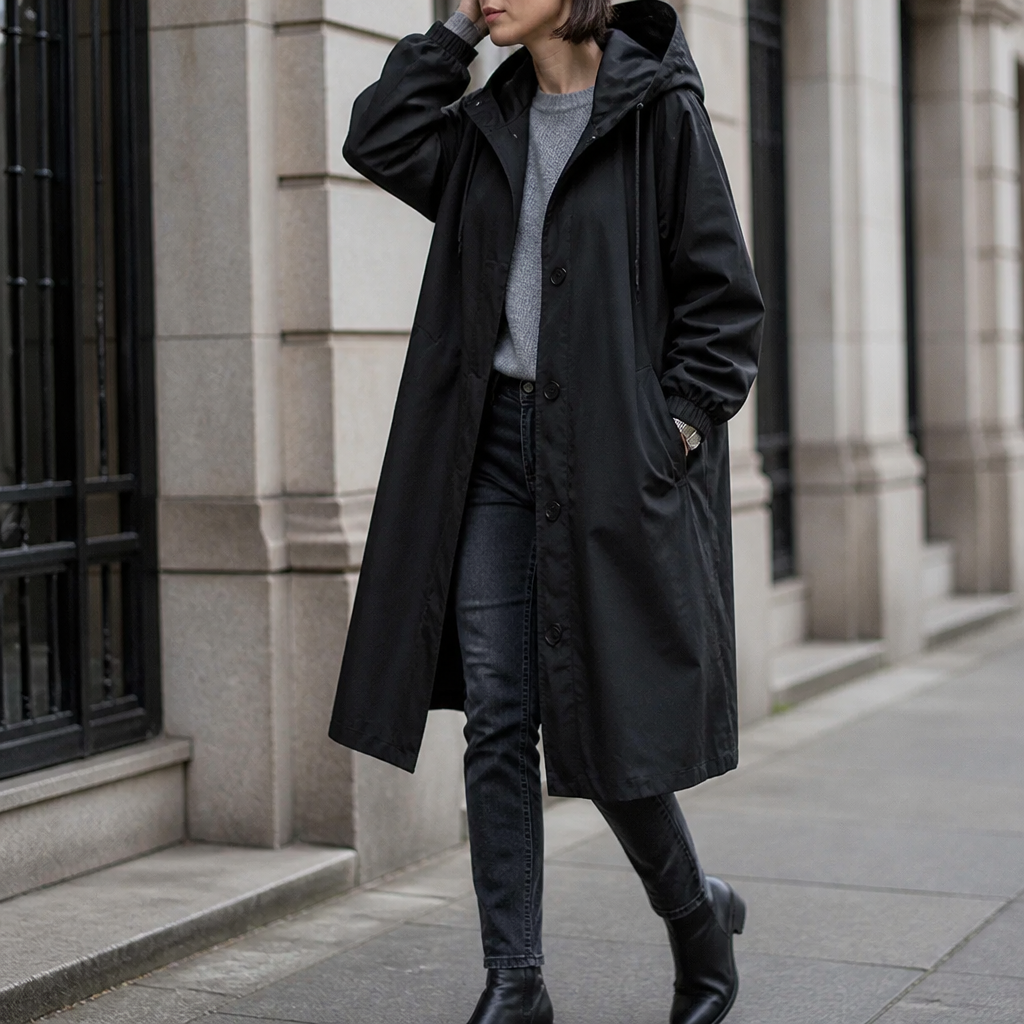 Lange jas dames met capuchon - detailfoto
