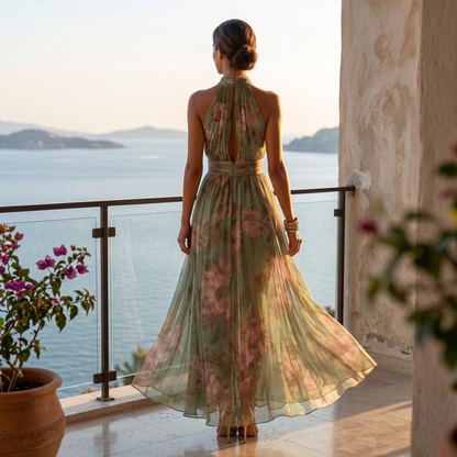 Halter maxi-jurk dames met bloemenprint - detailfoto