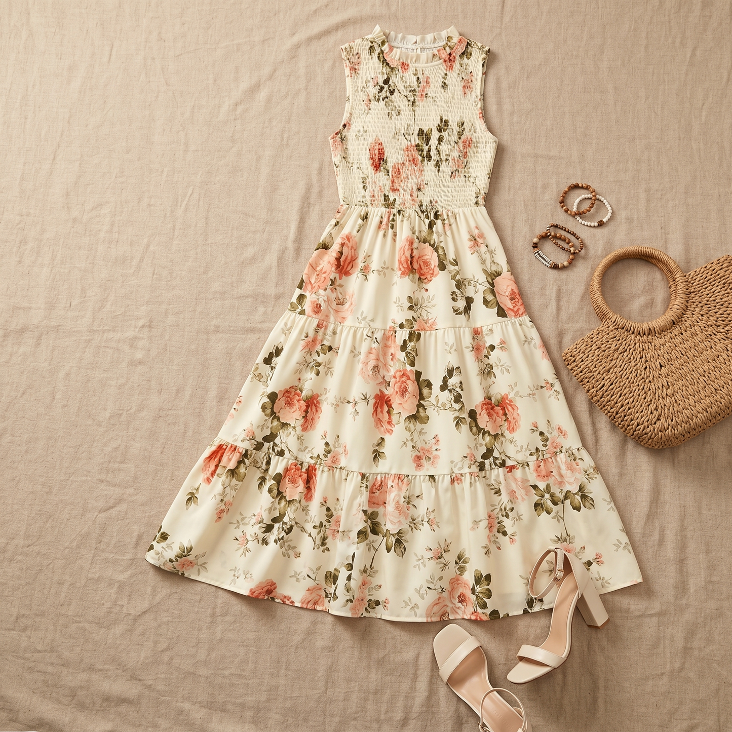 Gesmokte midi-jurk dames met bloemenprint - detailfoto