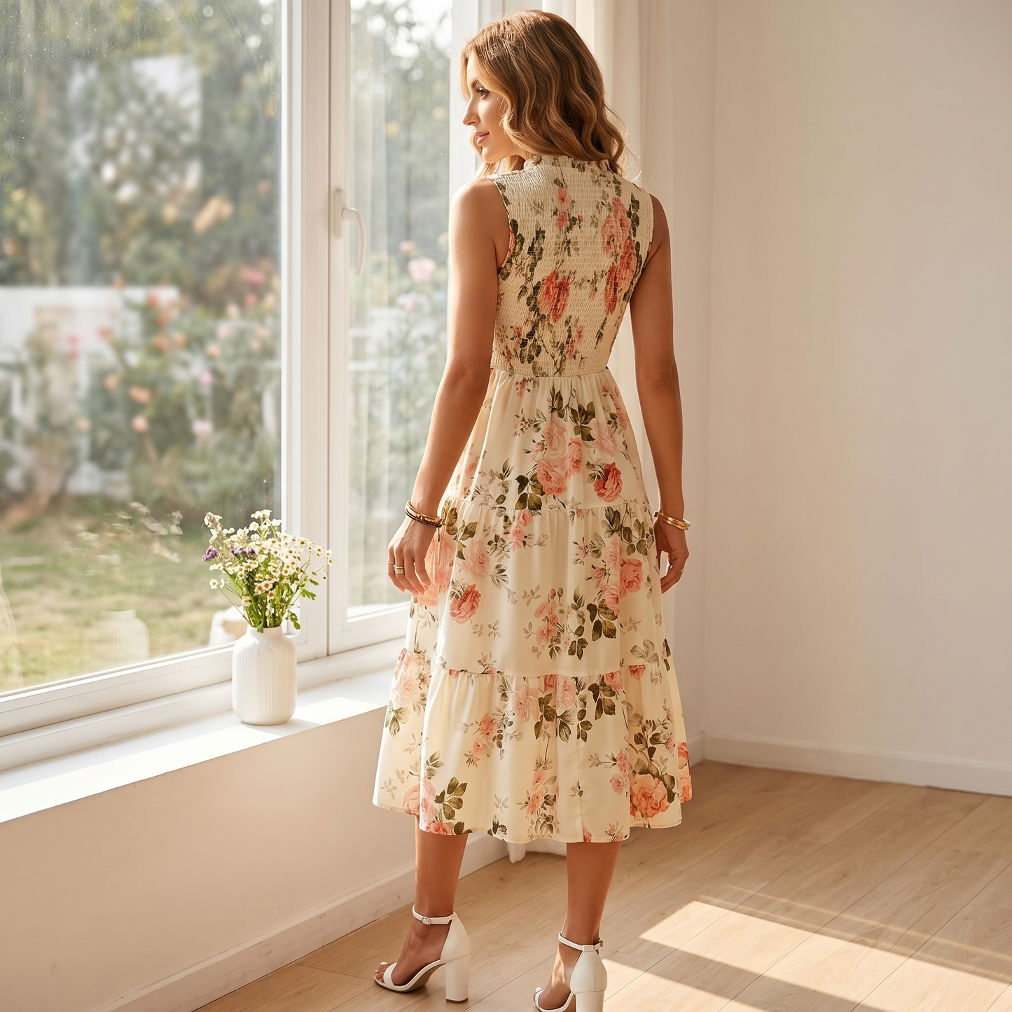 Gesmokte midi-jurk dames met bloemenprint - detailfoto