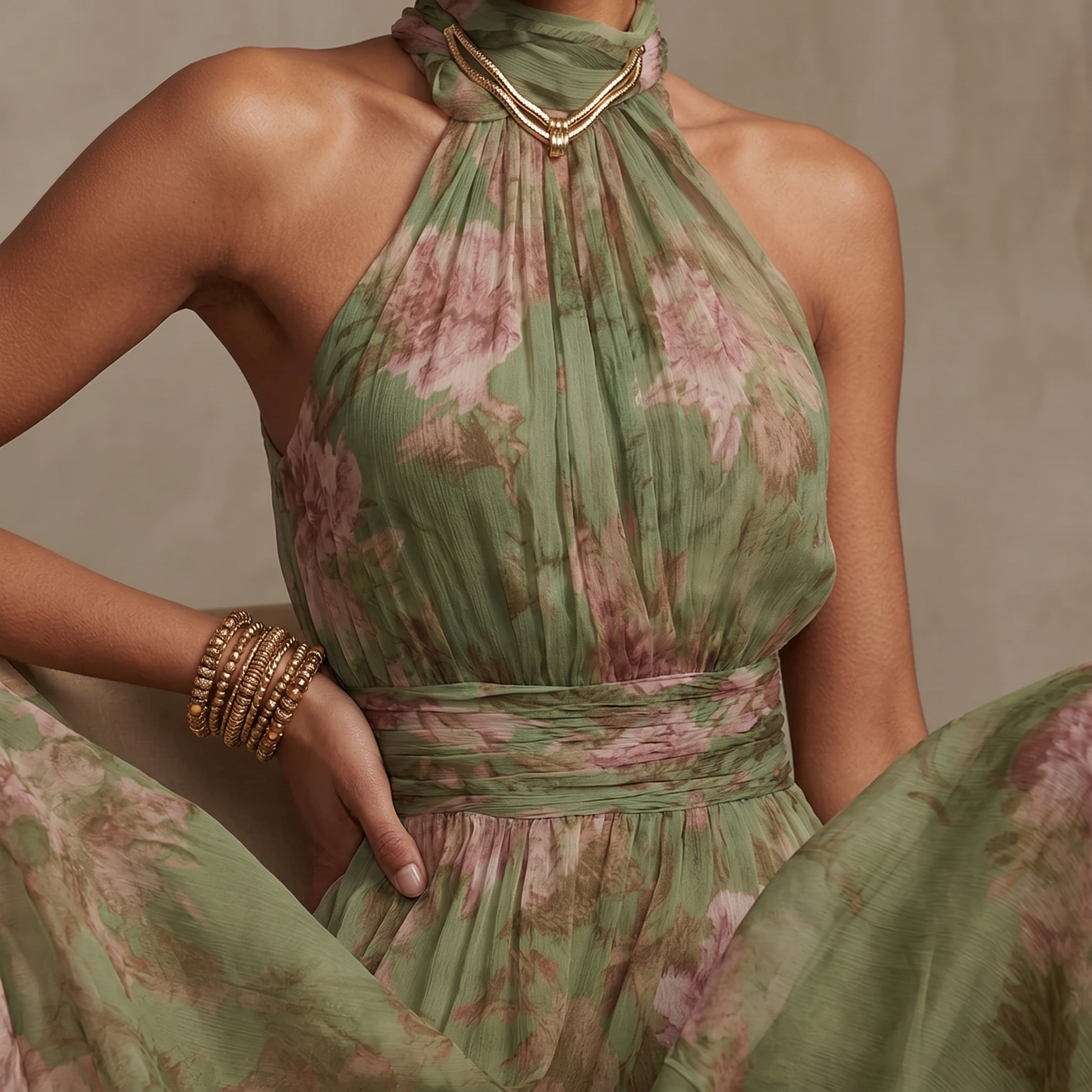 Halter maxi-jurk dames met bloemenprint - detailfoto