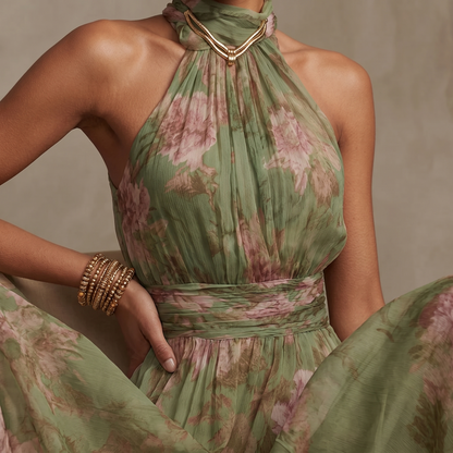 Halter maxi-jurk dames met bloemenprint - detailfoto