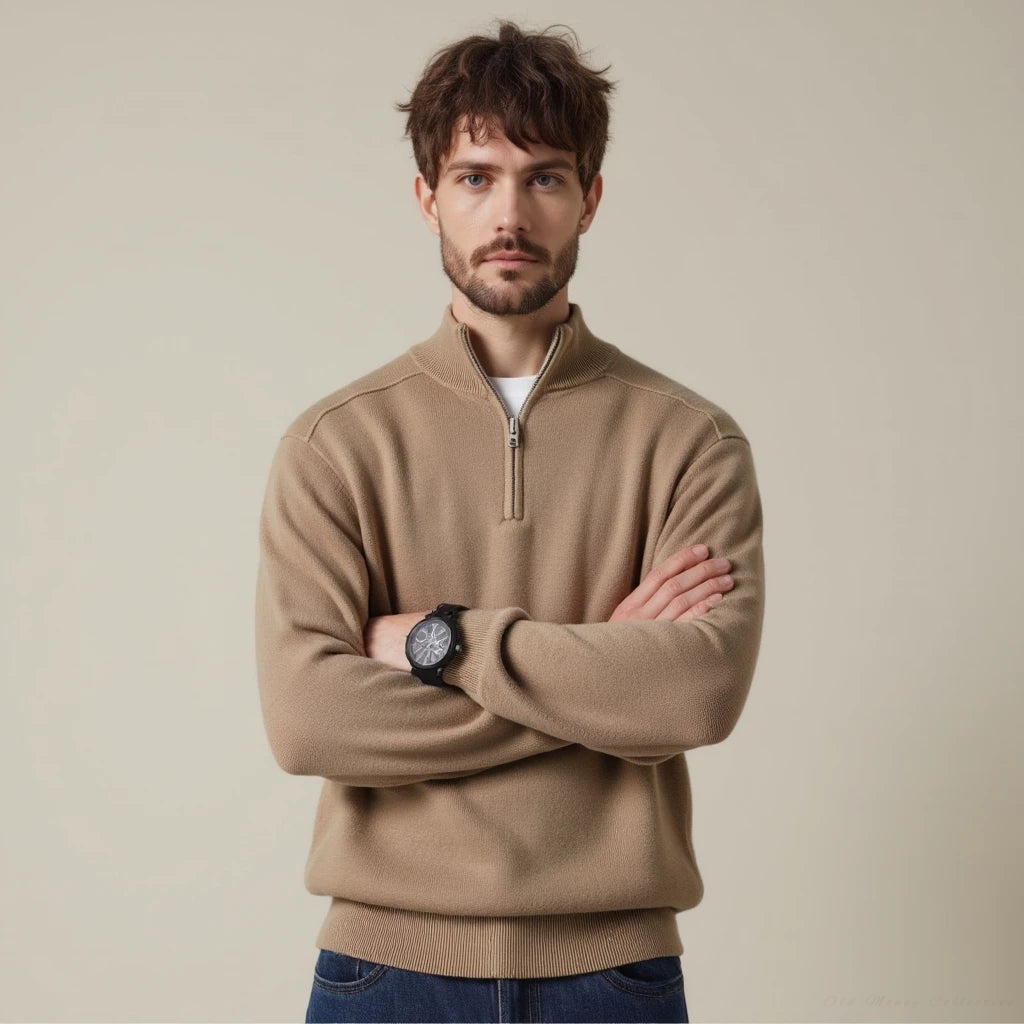 Zachte herentrui met halve rits in Camel