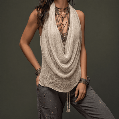 Haltertop dames met watervalhals in Beige