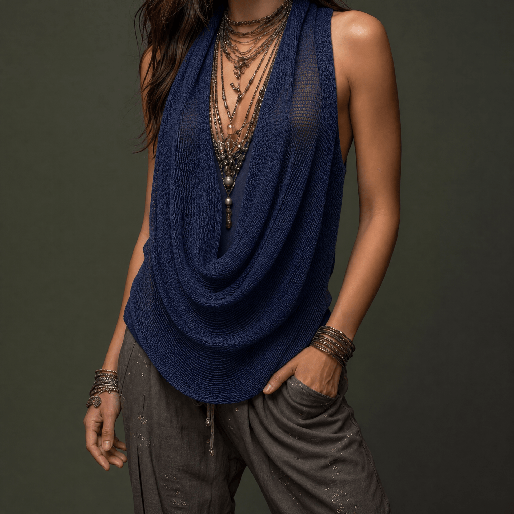 Haltertop dames met watervalhals in Marineblauw