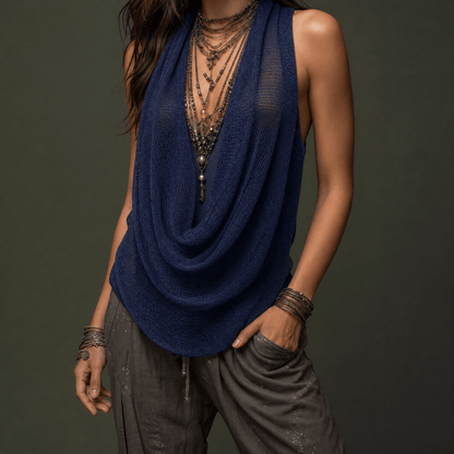 Haltertop dames met watervalhals in Marineblauw
