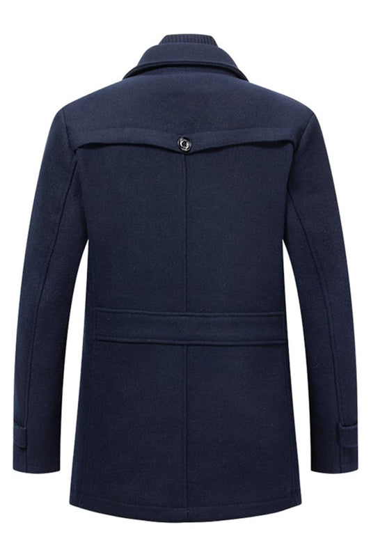 Halflange manteljas voor heren in wollook met revers en afneembare gebreide kraag - achterkant in marineblauw