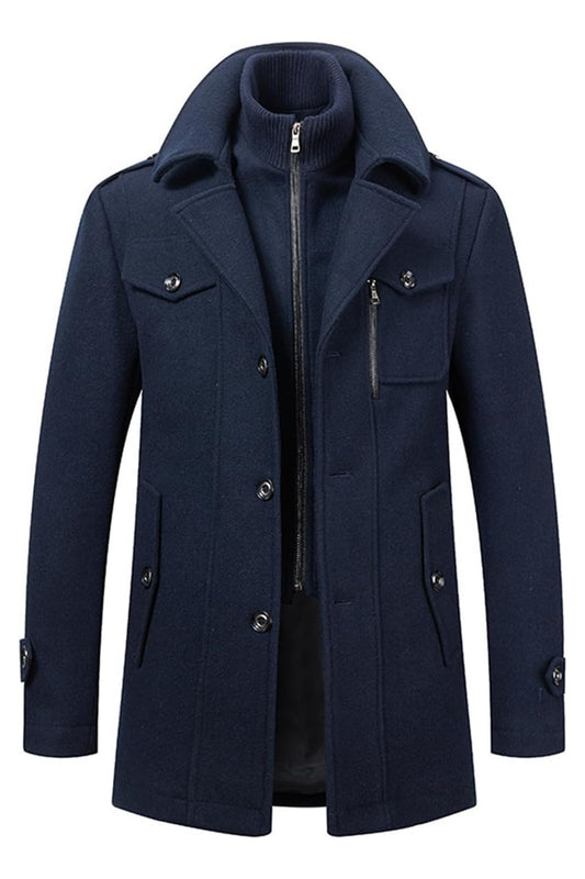 Halflange manteljas voor heren in wollook met revers en afneembare gebreide kraag - marineblauw