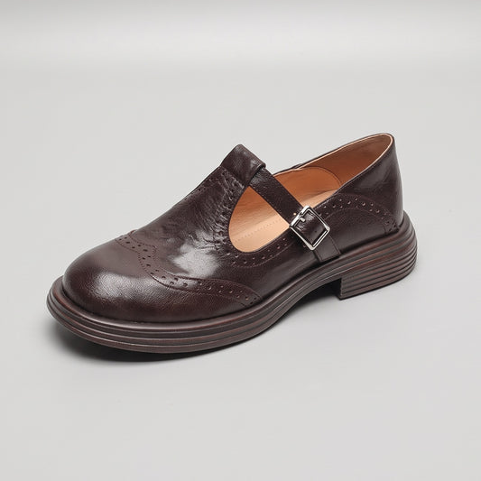 Mary Jane schoenen voor dames met brogue en T-bandje - donkerbruin