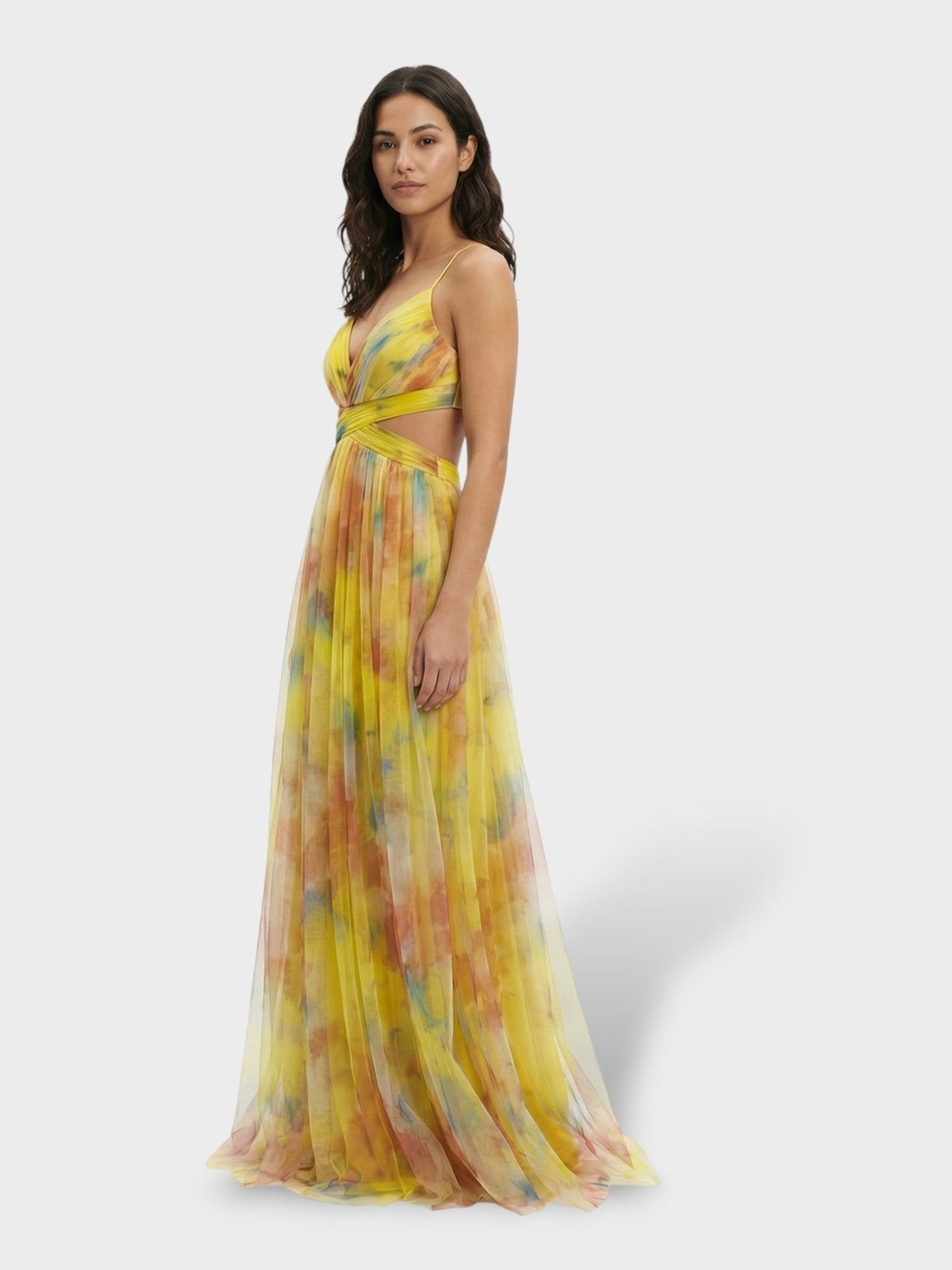 Maxi galajurk met aquarelprint in geel, zijaanzicht