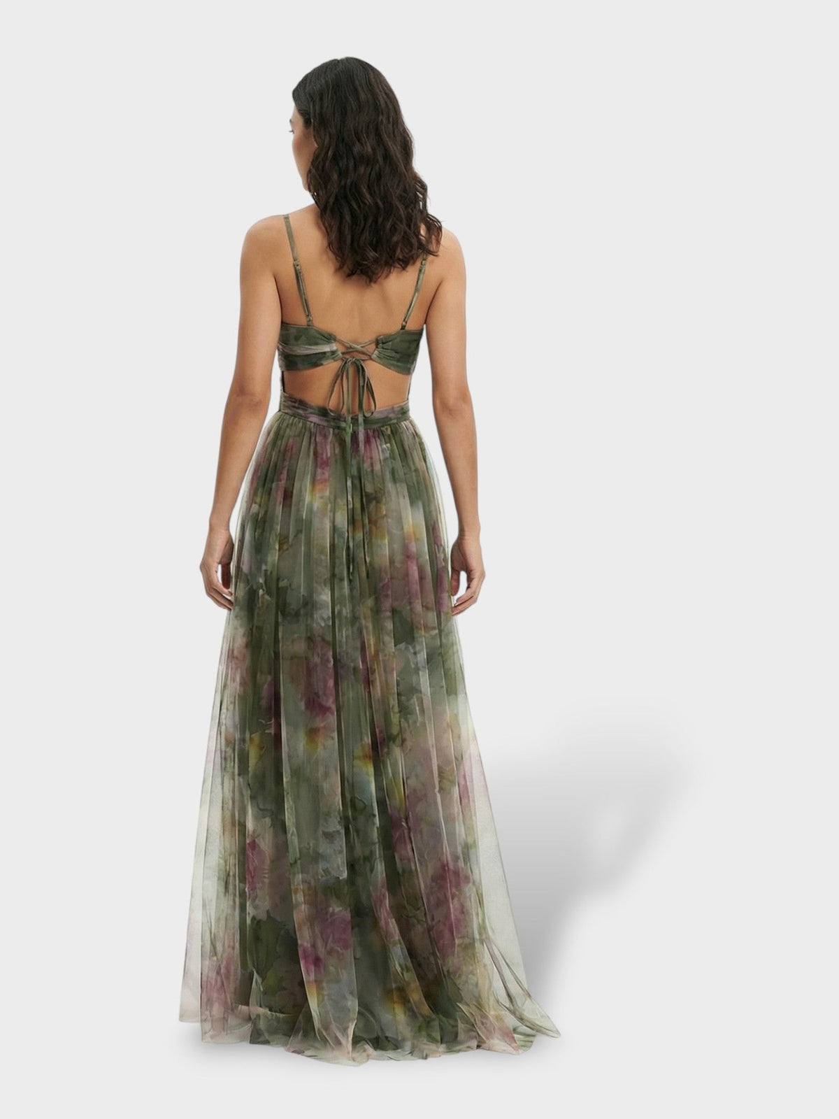 Maxi galajurk met aquarelprint in groen, open rug met veters