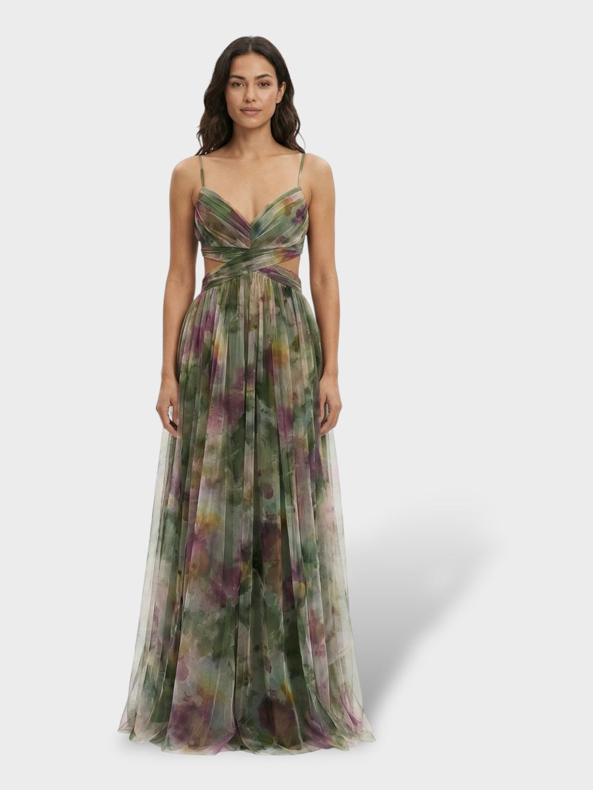 Maxi galajurk met aquarelprint in groen, vooraanzicht