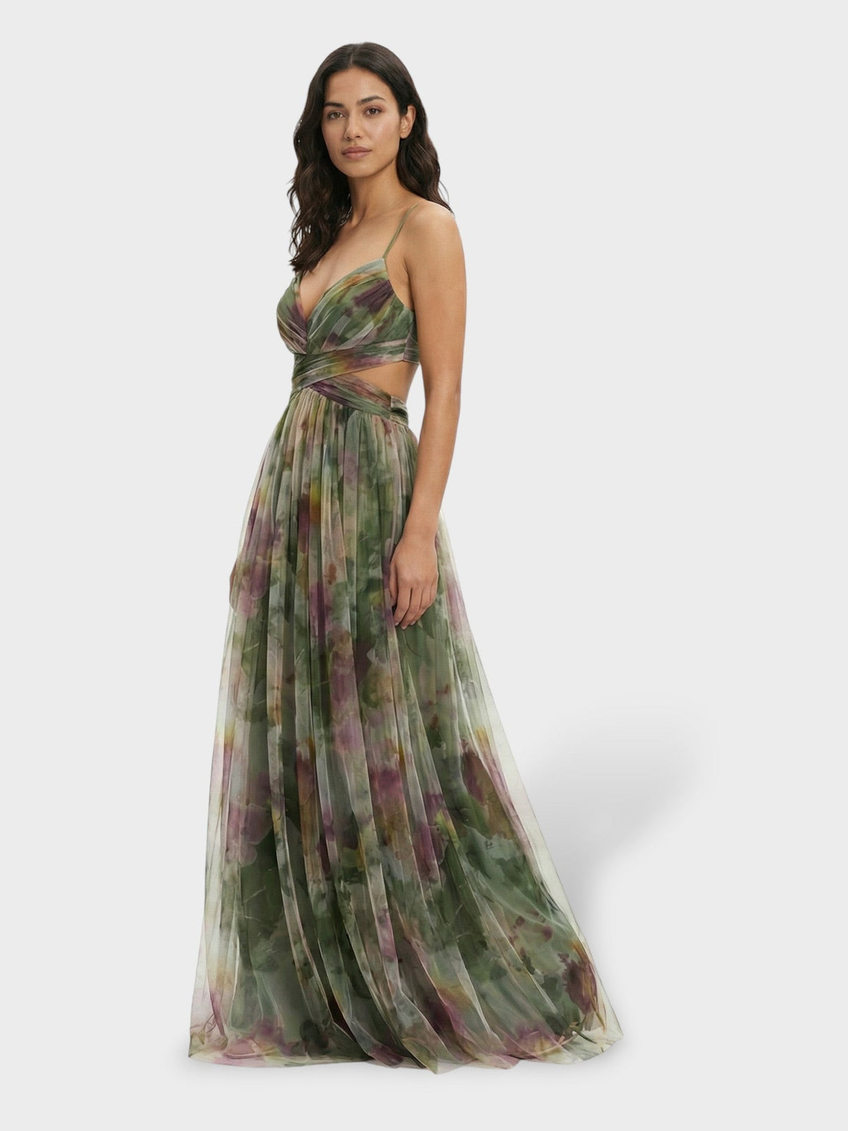 Maxi galajurk met aquarelprint in groen, zijaanzicht met uitsnijding in de taille