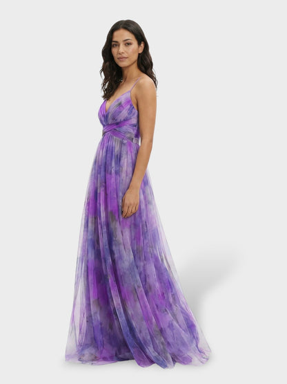 Maxi galajurk met aquarelprint in paars, zijaanzicht