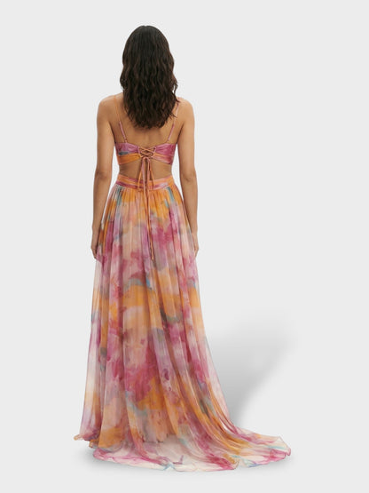 Maxi galajurk met aquarelprint in perzik, open rug met veters