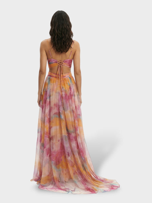 Maxi galajurk met aquarelprint in perzik, open rug met veters