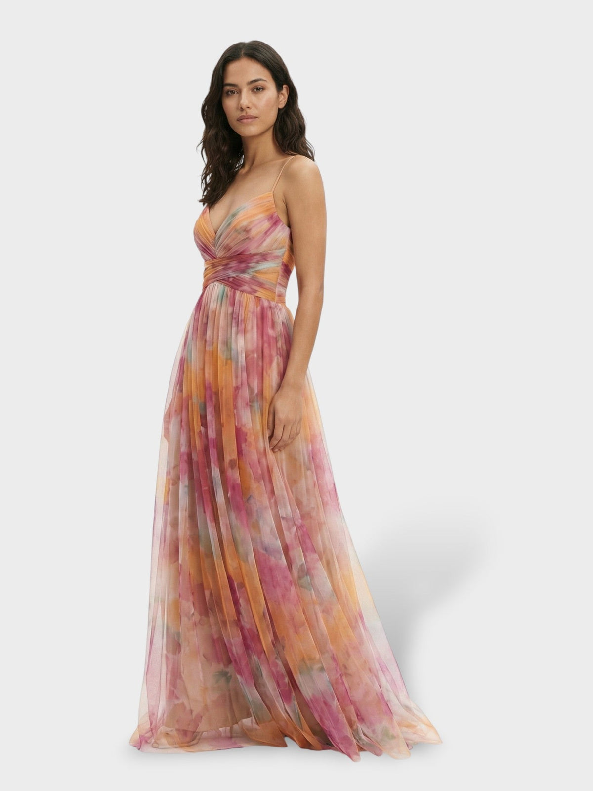 Maxi galajurk met aquarelprint in perzik, zijaanzicht