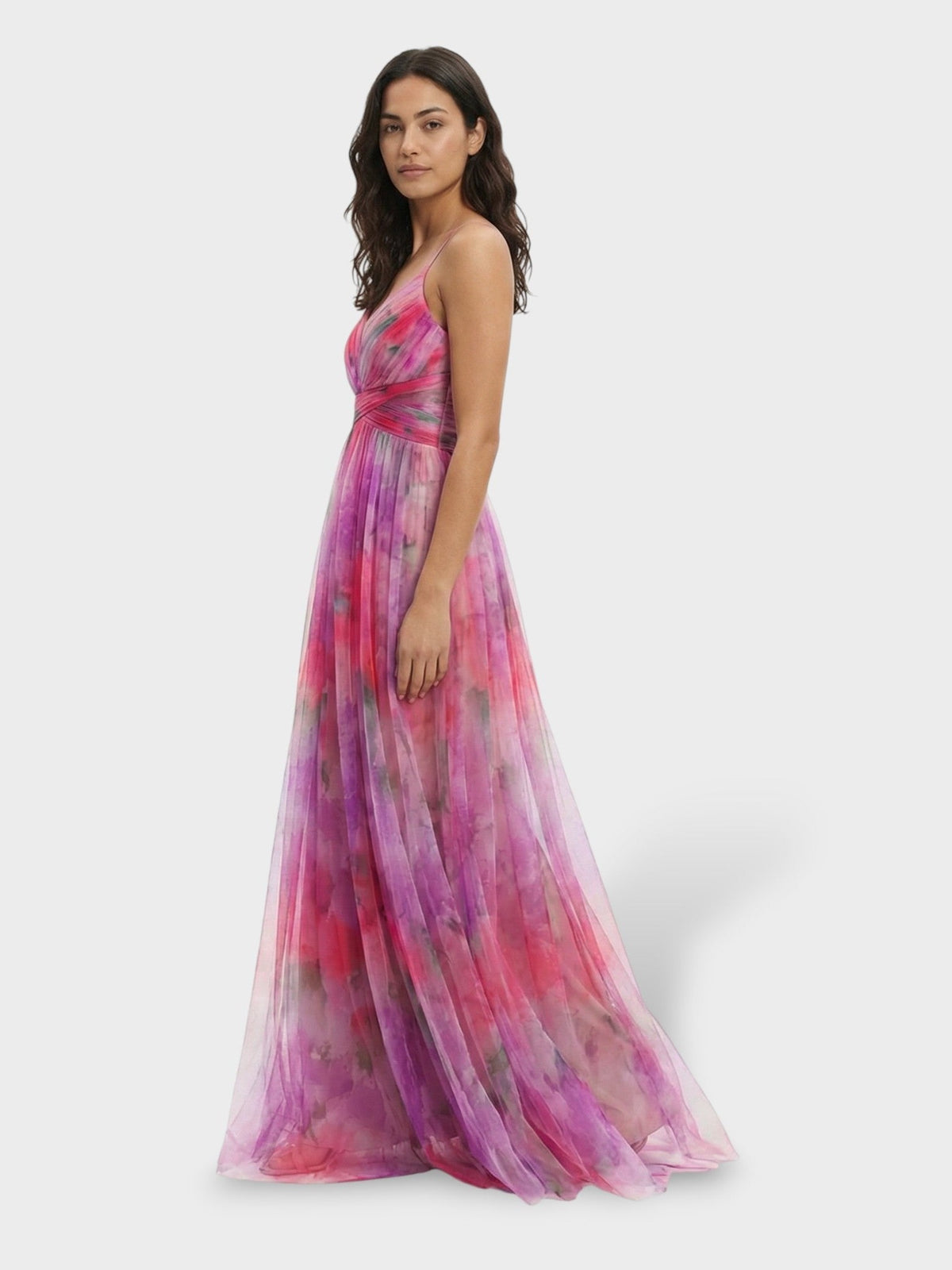 Maxi galajurk met aquarelprint in roze, zijaanzicht