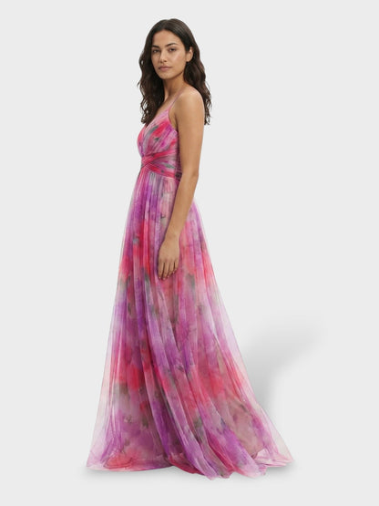 Maxi galajurk met aquarelprint in roze, zijaanzicht