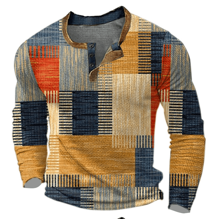 Herentrui met patchworkprint in Oker
