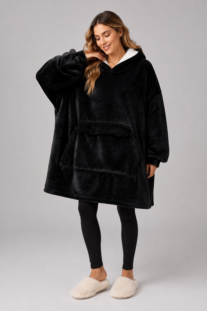 Oversized zwarte hoodie deken met gevoerde capuchon en brede buikzak