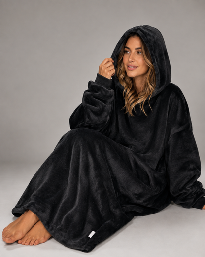 Oversized zwarte hoodie deken met gevoerde capuchon en brede buikzak