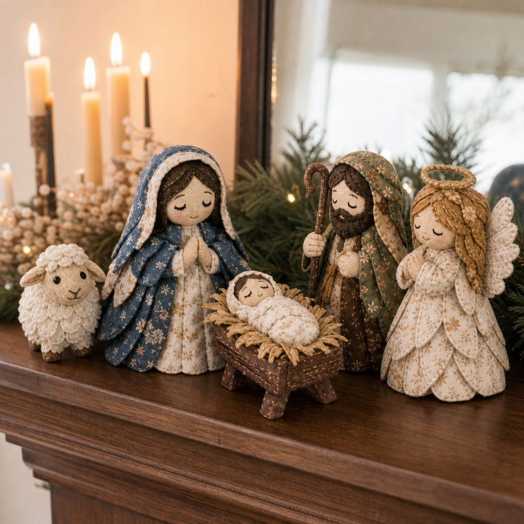 Naaipakket kerststal van stof met Maria, Jozef, kribbe en engel