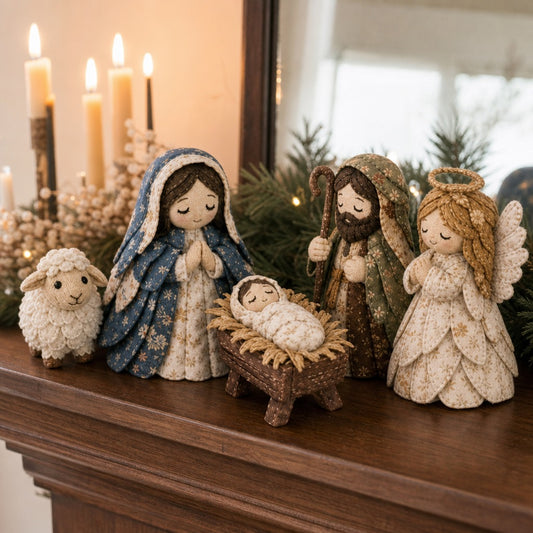 Naaipakket kerststal van stof met Maria, Jozef, kribbe en engel