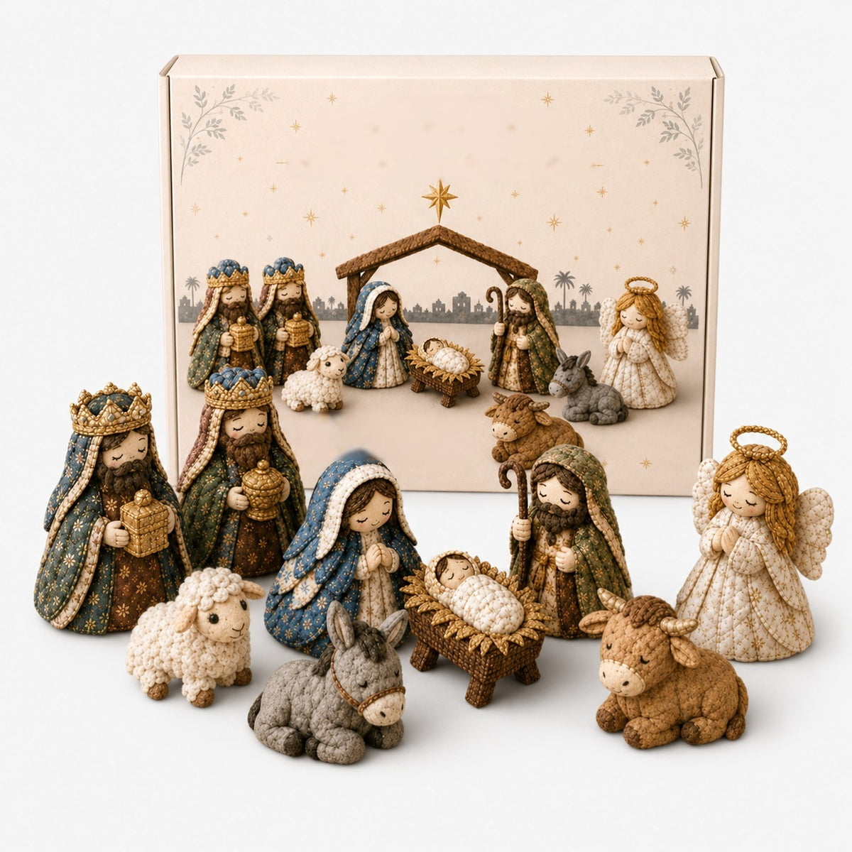 Naaipakket kerststal van stof met Maria, Jozef, kribbe en engel - complete kerststal