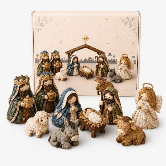 Naaipakket kerststal van stof met Maria, Jozef, kribbe en engel - complete kerststal