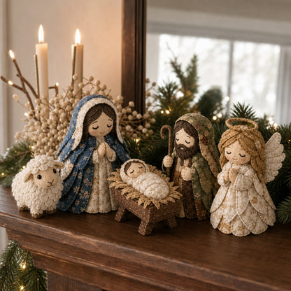 Naaipakket kerststal van stof met Maria, Jozef, kribbe en engel - beeld 3
