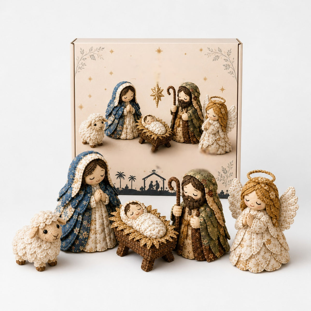 Naaipakket kerststal van stof met Maria, Jozef, kribbe en engel - heilige familie met engel