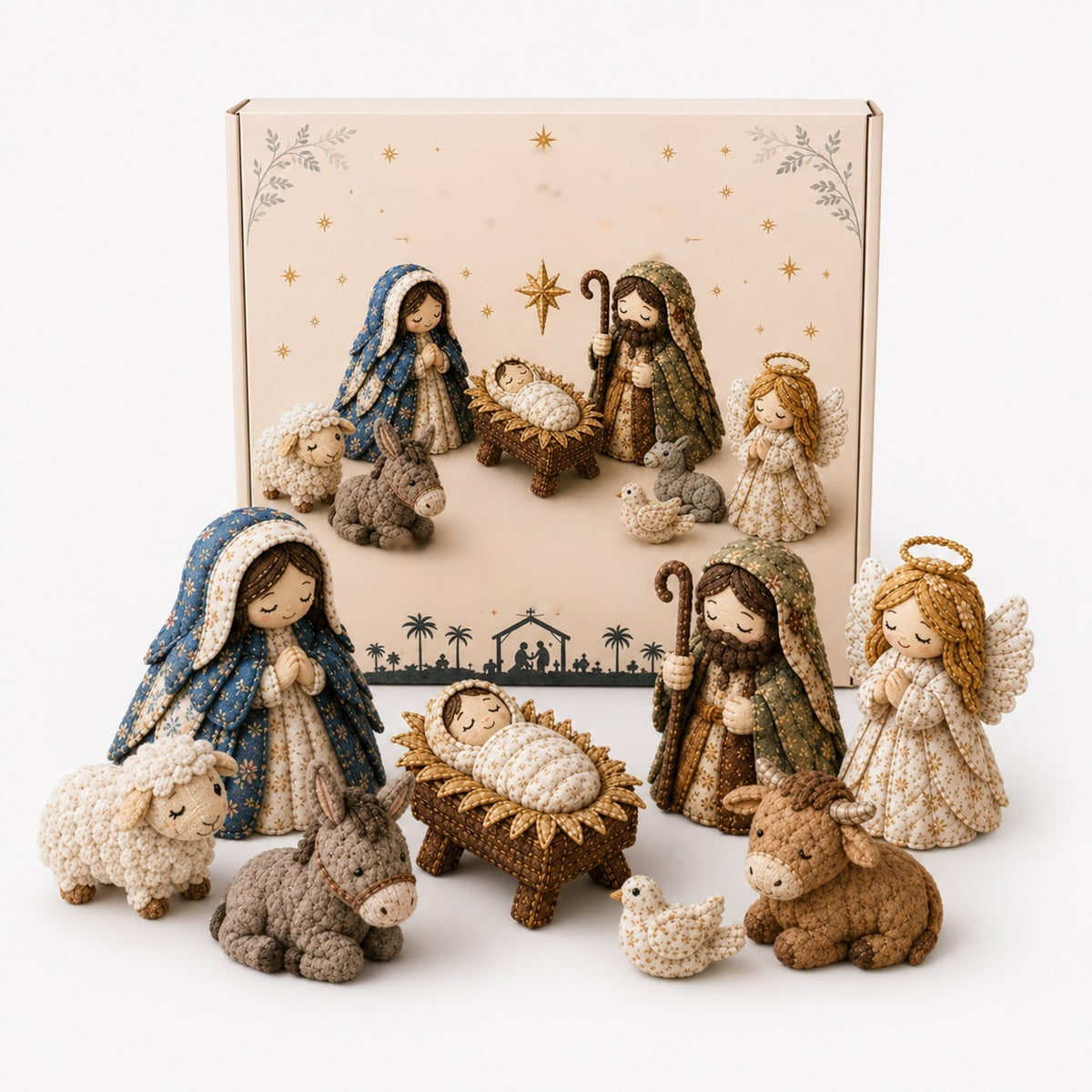 Naaipakket kerststal van stof met Maria, Jozef, kribbe en engel - stal met engel en dieren