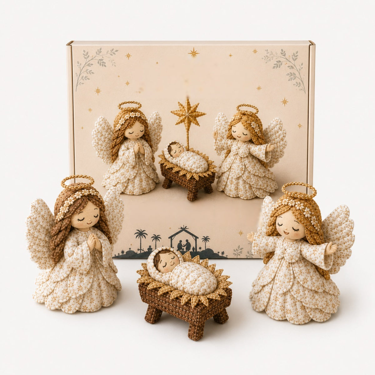 Naaipakket kerststal van stof met Maria, Jozef, kribbe en engel - twee engelen met kribbe