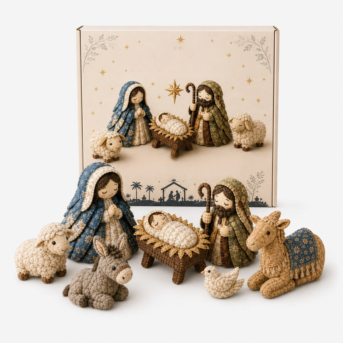 Naaipakket kerststal van stof met Maria, Jozef, kribbe en engel - heilige familie met kameel