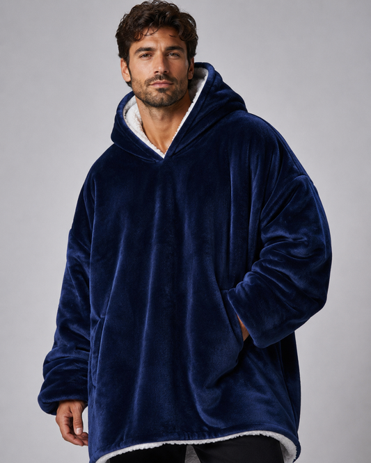 Oversized marineblauwe hoodie deken met sherpagevoerde capuchon
