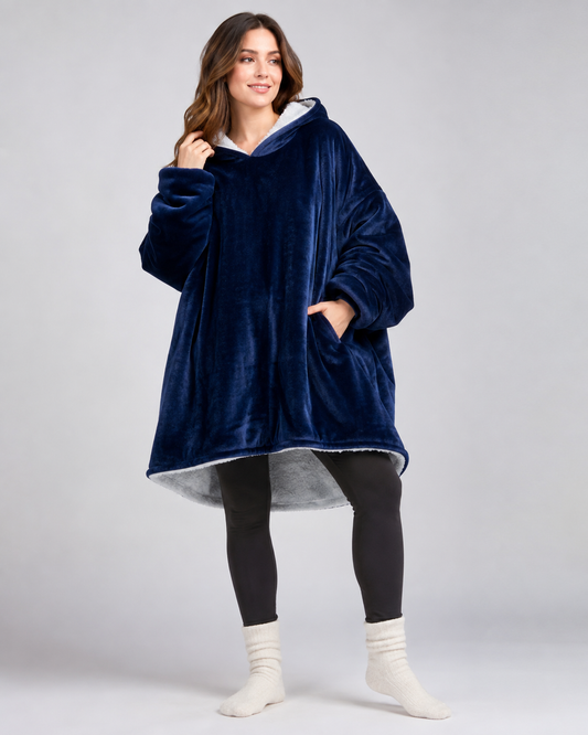 Oversized marineblauwe hoodie deken met sherpagevoerde capuchon
