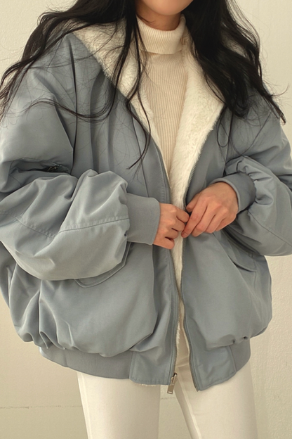 Omkeerbaar oversized bomberjack voor dames met imitatiebont en capuchon - grijsblauw