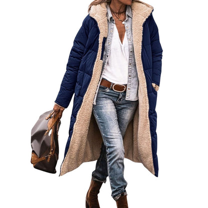 Omkeerbare lange pufferjas voor dames met teddy en capuchon - marineblauw