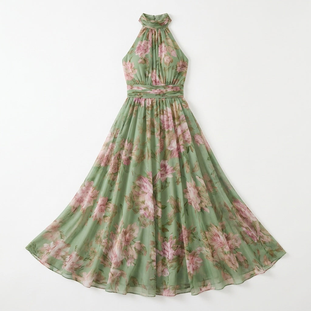 Halter maxi-jurk dames met bloemenprint - detailfoto
